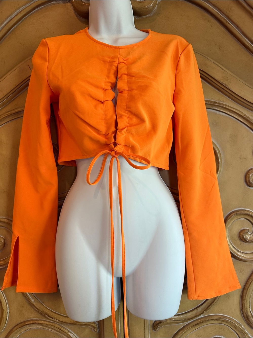 NWT H&M Ruched Drawstring Orange Crop Top with Long Sleeves